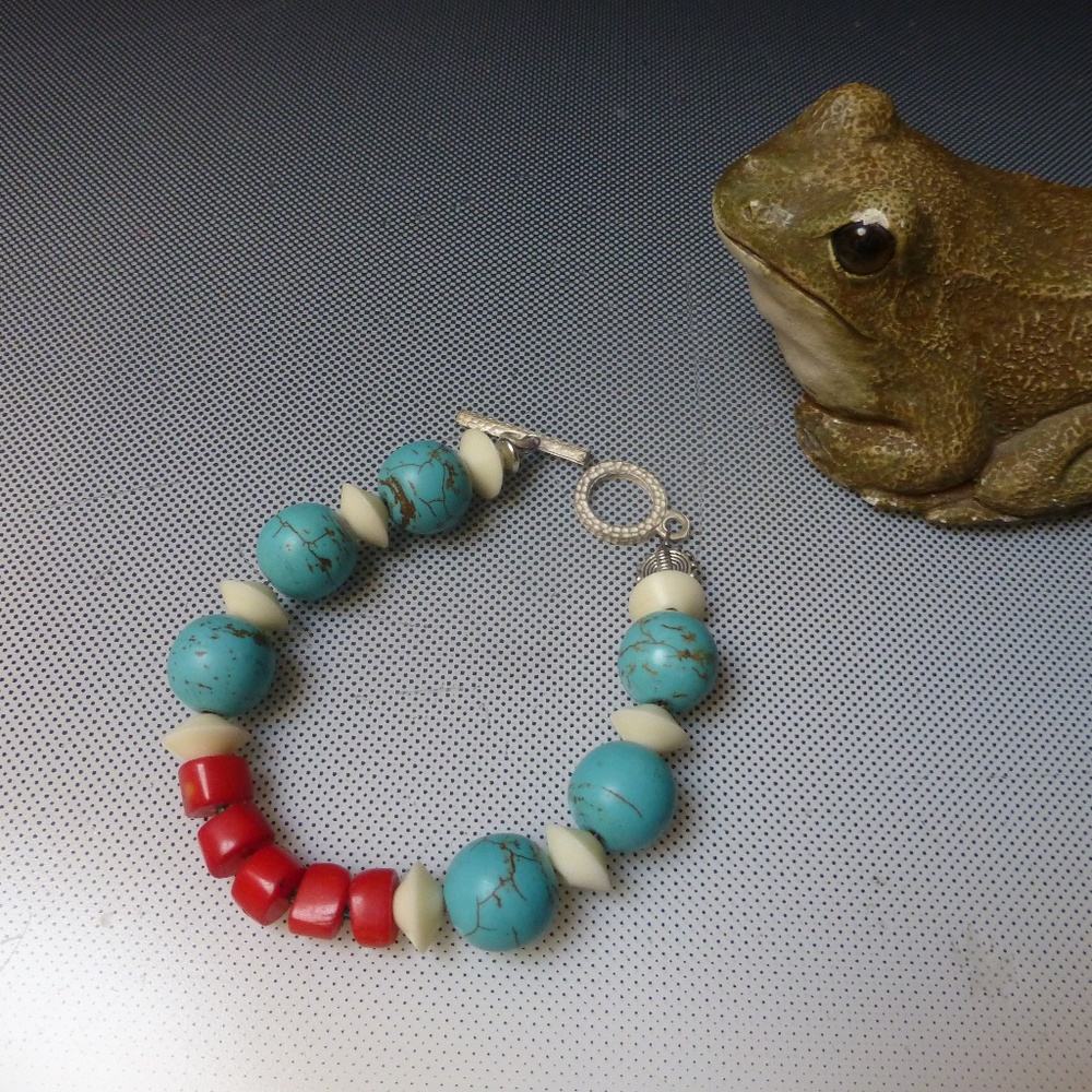 Sealife turquoise and coral  bone bracelet 7.5 in
